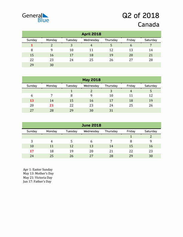 Quarterly Calendar 2018 with Canada Holidays