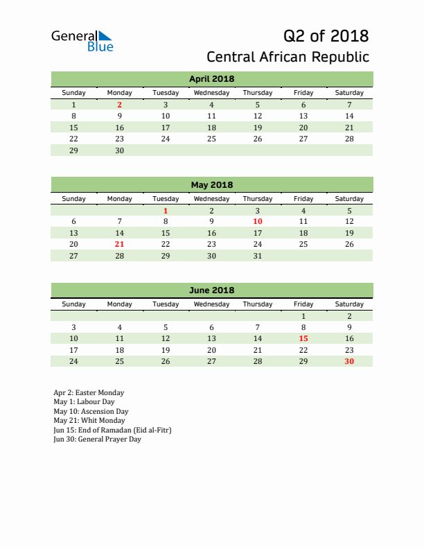 Quarterly Calendar 2018 with Central African Republic Holidays