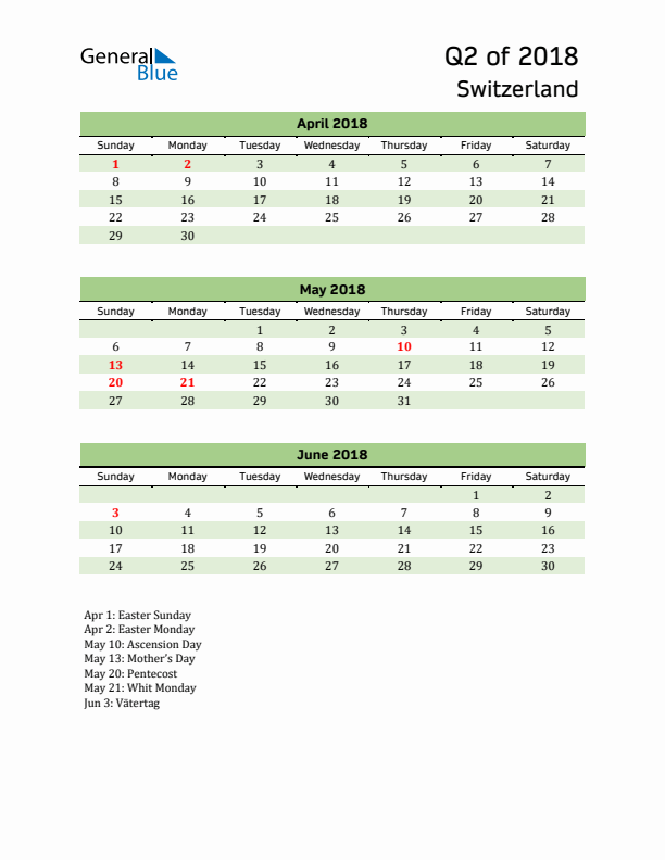 Quarterly Calendar 2018 with Switzerland Holidays