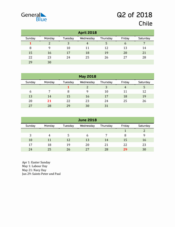 Quarterly Calendar 2018 with Chile Holidays