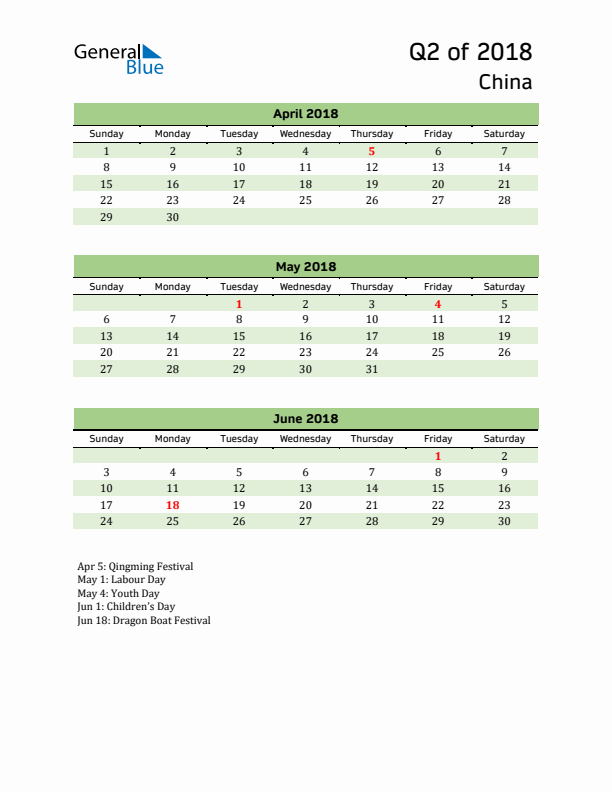 Quarterly Calendar 2018 with China Holidays