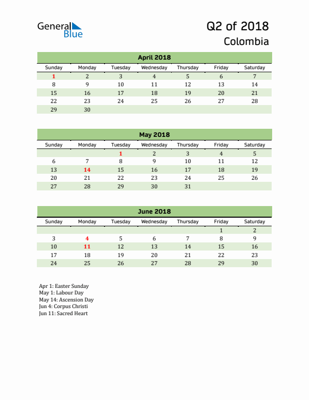 Quarterly Calendar 2018 with Colombia Holidays