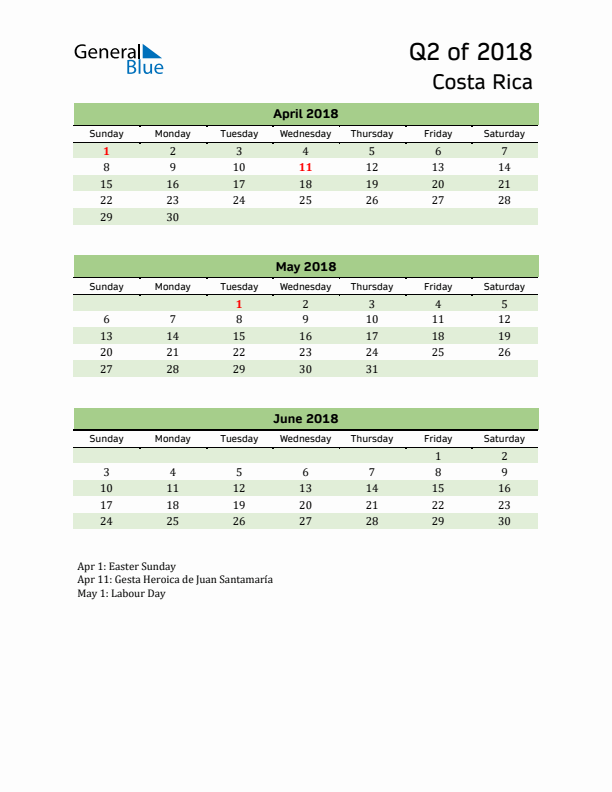 Quarterly Calendar 2018 with Costa Rica Holidays