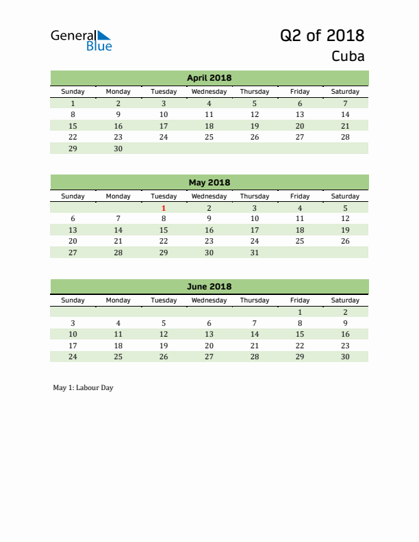 Quarterly Calendar 2018 with Cuba Holidays