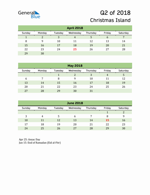 Quarterly Calendar 2018 with Christmas Island Holidays