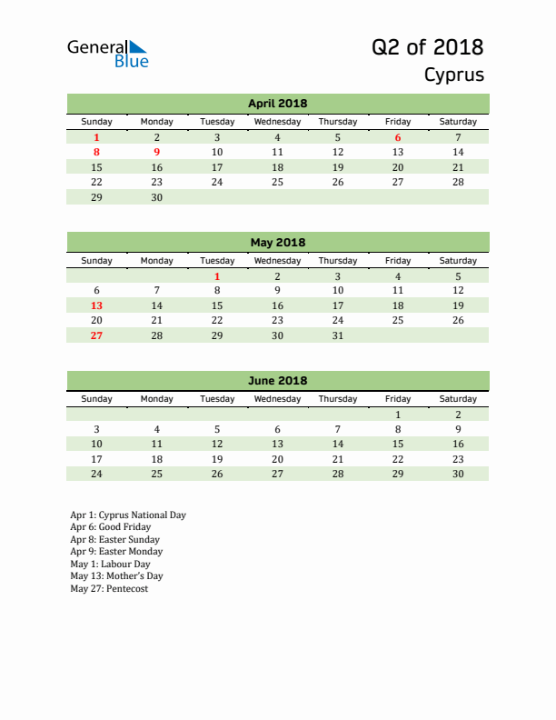 Quarterly Calendar 2018 with Cyprus Holidays