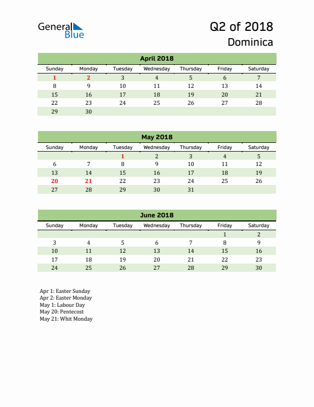 Quarterly Calendar 2018 with Dominica Holidays