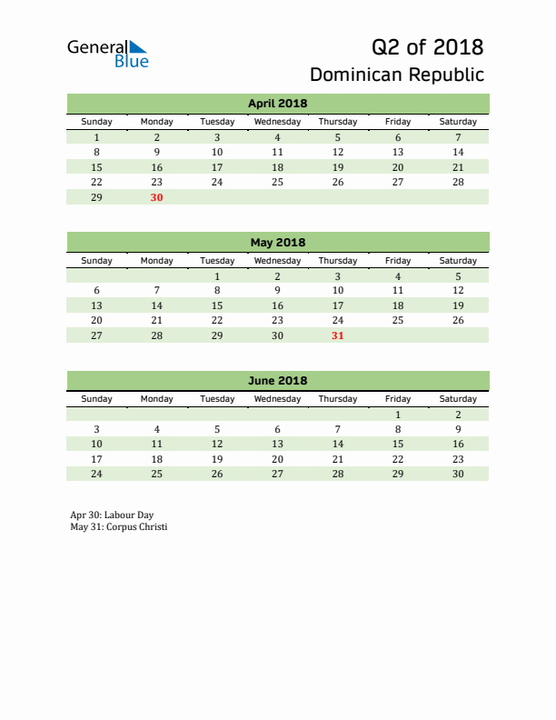 Quarterly Calendar 2018 with Dominican Republic Holidays