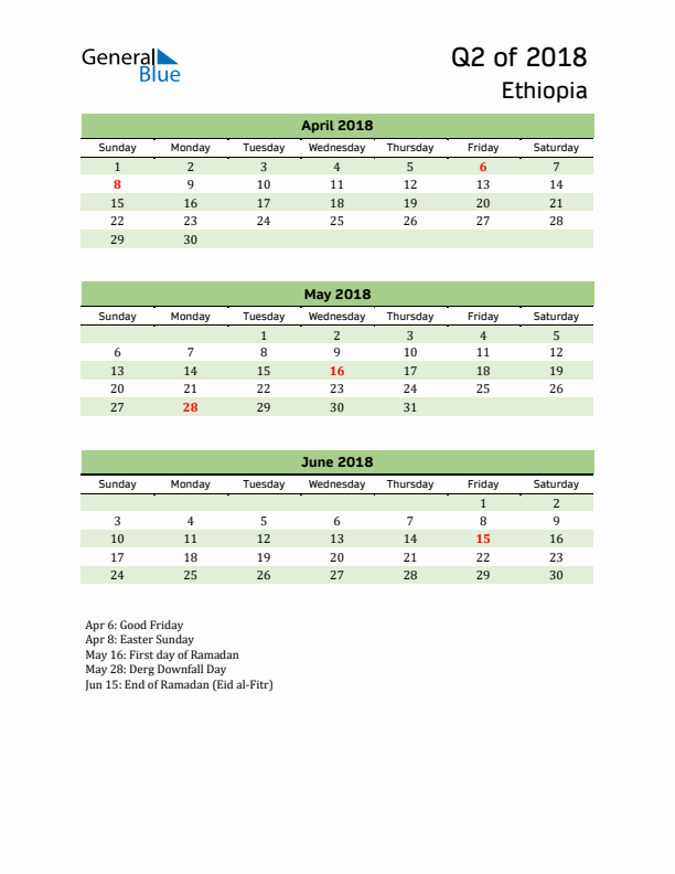 Quarterly Calendar 2018 with Ethiopia Holidays