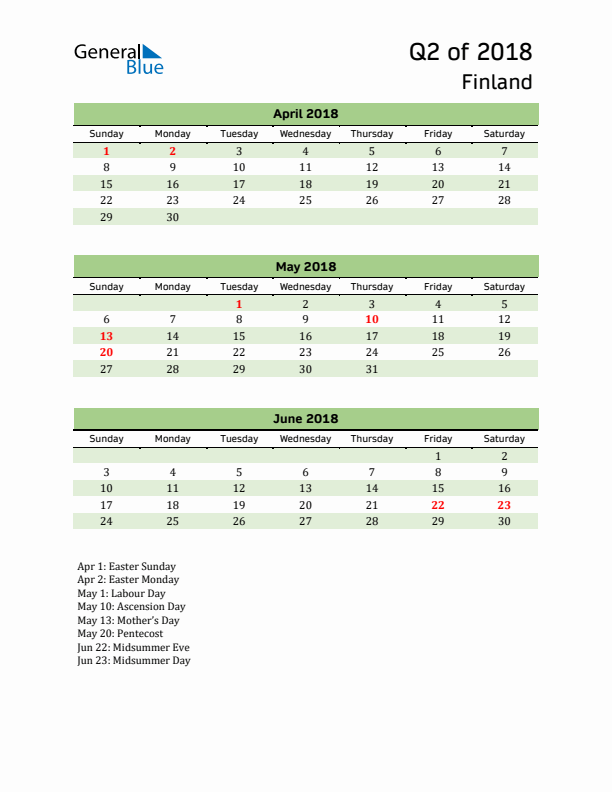 Quarterly Calendar 2018 with Finland Holidays