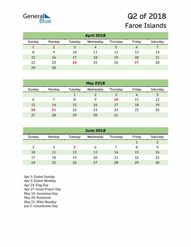 Quarterly Calendar 2018 with Faroe Islands Holidays