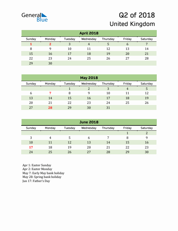 Quarterly Calendar 2018 with United Kingdom Holidays