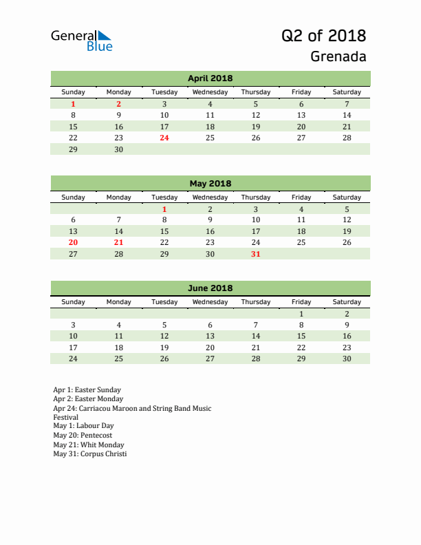 Quarterly Calendar 2018 with Grenada Holidays