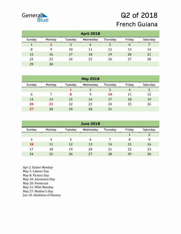 Quarterly Calendar 2018 with French Guiana Holidays