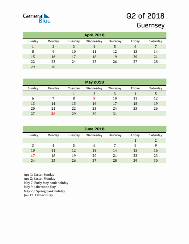 Quarterly Calendar 2018 with Guernsey Holidays