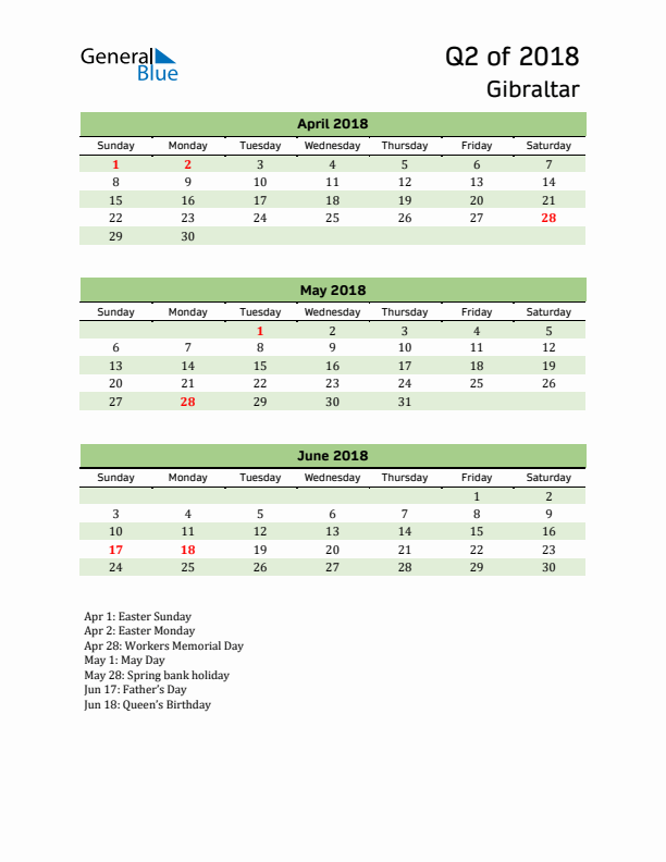 Quarterly Calendar 2018 with Gibraltar Holidays