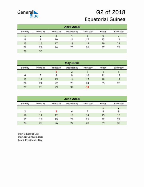 Quarterly Calendar 2018 with Equatorial Guinea Holidays