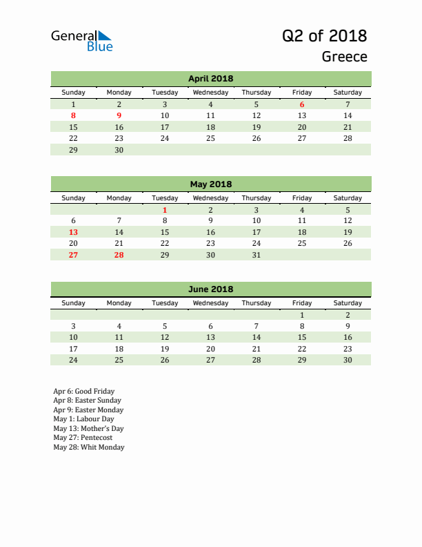 Quarterly Calendar 2018 with Greece Holidays