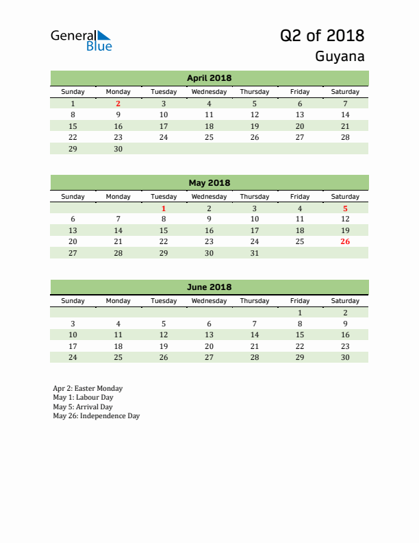 Quarterly Calendar 2018 with Guyana Holidays