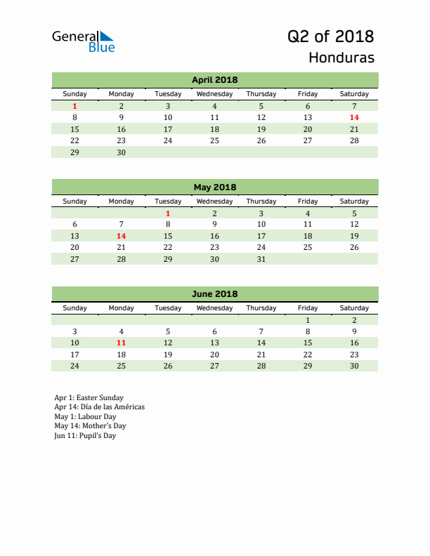 Quarterly Calendar 2018 with Honduras Holidays