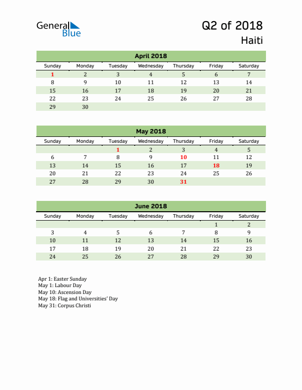 Quarterly Calendar 2018 with Haiti Holidays