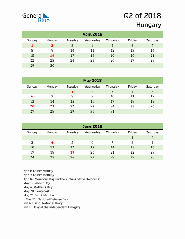 Quarterly Calendar 2018 with Hungary Holidays