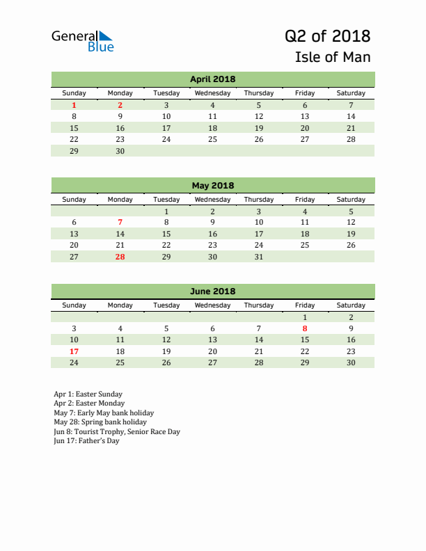 Quarterly Calendar 2018 with Isle of Man Holidays