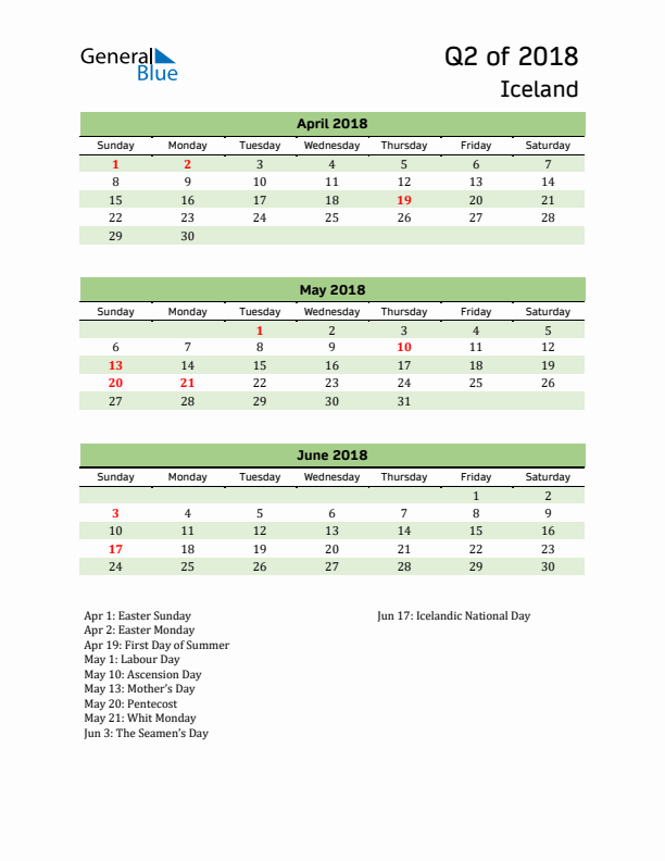 Quarterly Calendar 2018 with Iceland Holidays