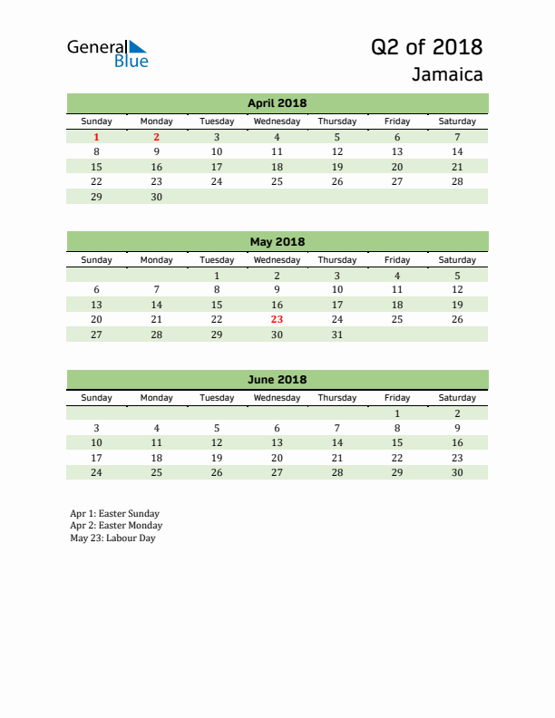 Quarterly Calendar 2018 with Jamaica Holidays