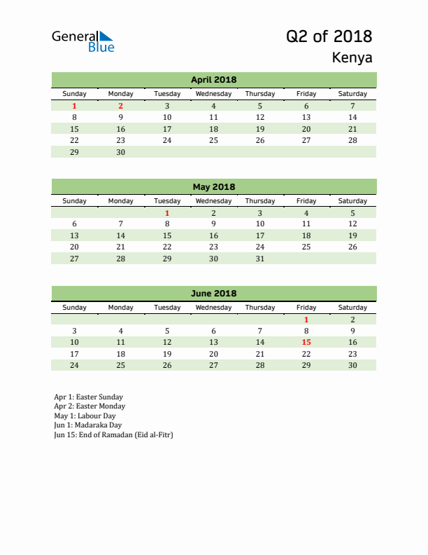 Quarterly Calendar 2018 with Kenya Holidays