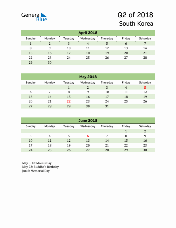 Quarterly Calendar 2018 with South Korea Holidays