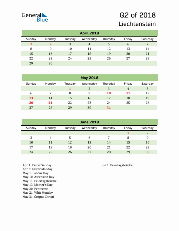 Quarterly Calendar 2018 with Liechtenstein Holidays