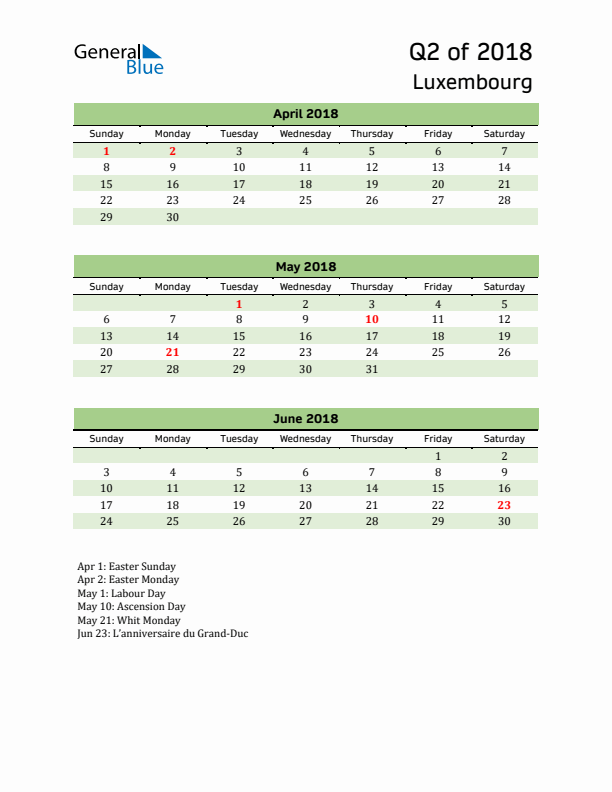 Quarterly Calendar 2018 with Luxembourg Holidays