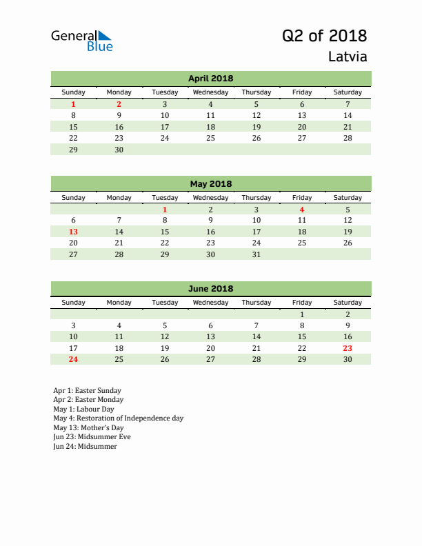 Quarterly Calendar 2018 with Latvia Holidays