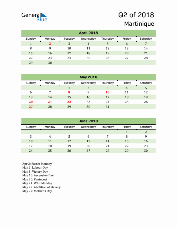 Quarterly Calendar 2018 with Martinique Holidays