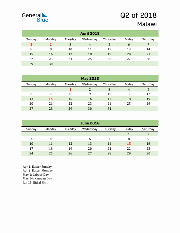 Quarterly Calendar 2018 with Malawi Holidays