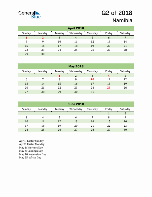 Quarterly Calendar 2018 with Namibia Holidays