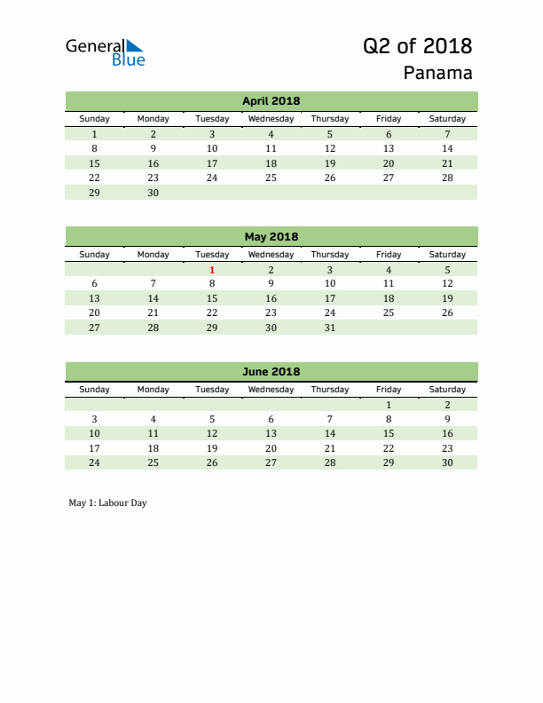 Quarterly Calendar 2018 with Panama Holidays