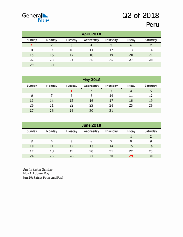 Quarterly Calendar 2018 with Peru Holidays