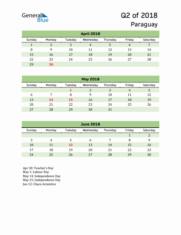 Quarterly Calendar 2018 with Paraguay Holidays