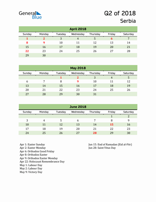 Quarterly Calendar 2018 with Serbia Holidays