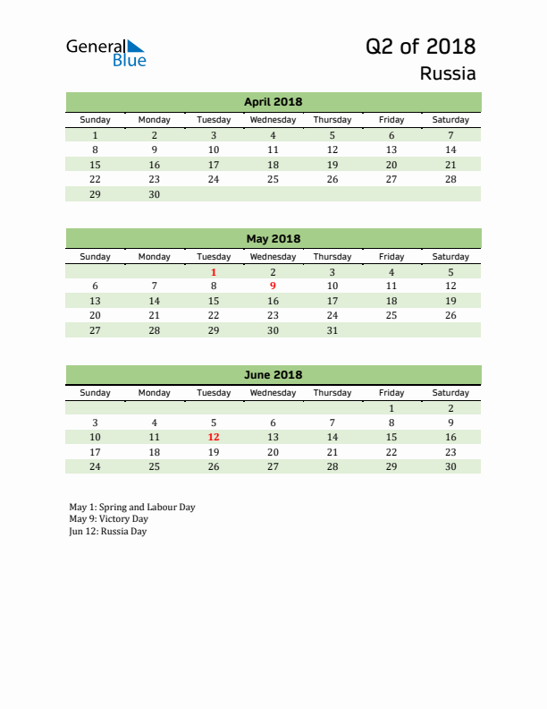 Quarterly Calendar 2018 with Russia Holidays