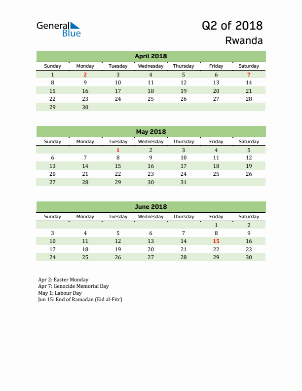 Quarterly Calendar 2018 with Rwanda Holidays