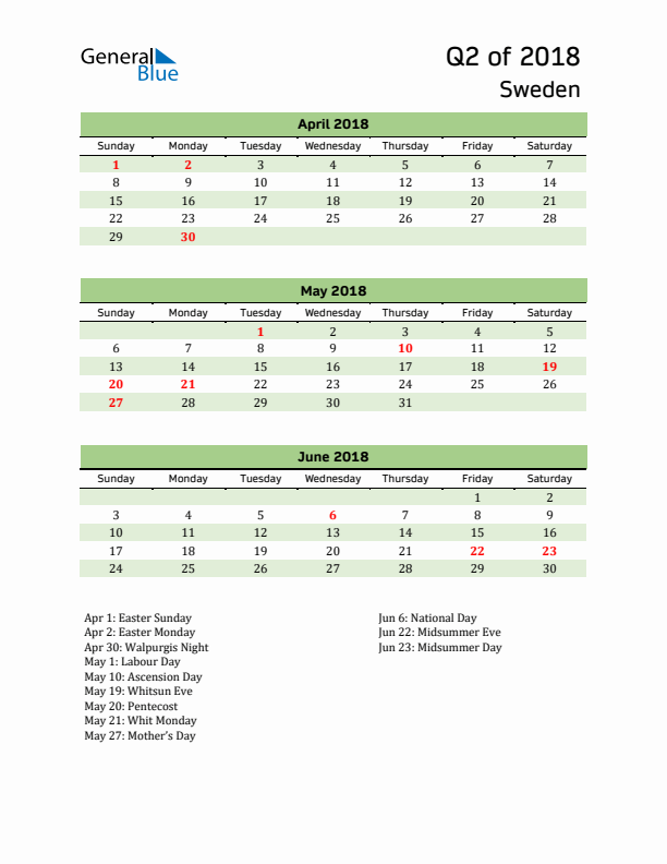 Quarterly Calendar 2018 with Sweden Holidays