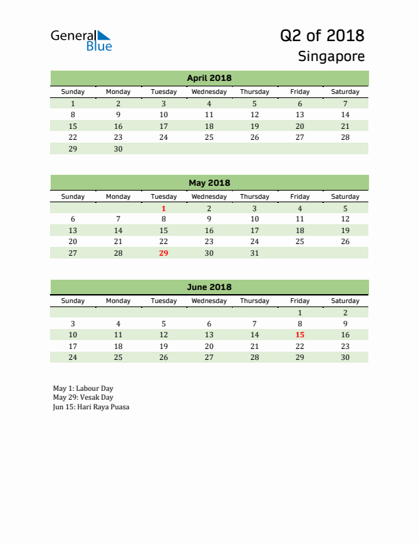 Quarterly Calendar 2018 with Singapore Holidays