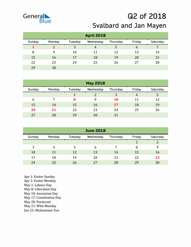 Quarterly Calendar 2018 with Svalbard and Jan Mayen Holidays