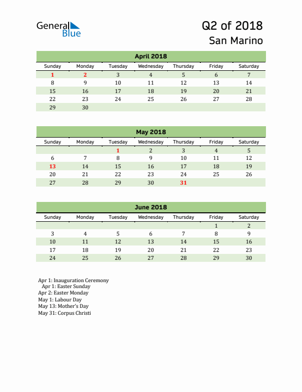 Quarterly Calendar 2018 with San Marino Holidays