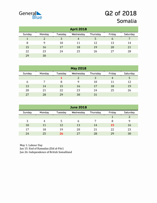 Quarterly Calendar 2018 with Somalia Holidays