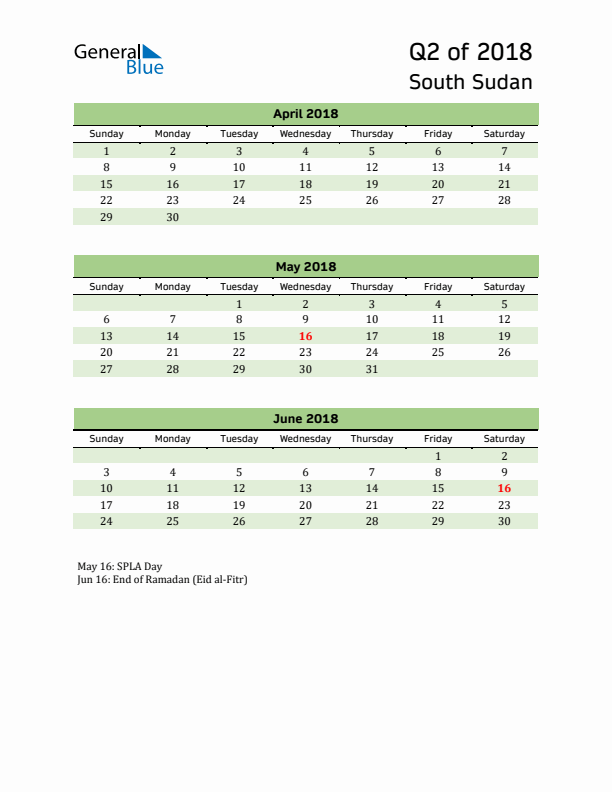 Quarterly Calendar 2018 with South Sudan Holidays