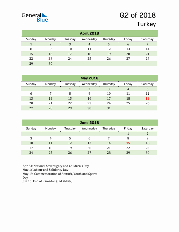 Quarterly Calendar 2018 with Turkey Holidays